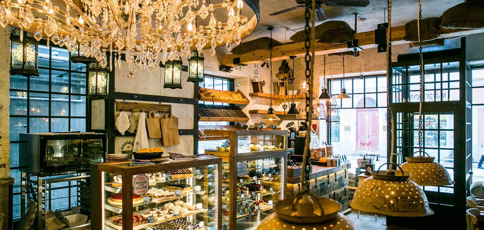 RUKIS bakery interior showing traditional Estonian pastries and vintage decor